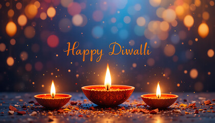 A festive Diwali scene with three lit diyas on a blue bokeh background and "Happy Diwali" text, 4K and HD image