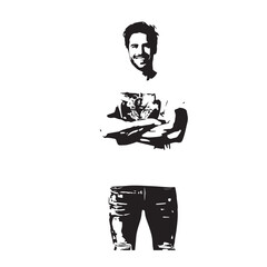 Handsome Man Black and White Illustration Vector Image Male Portrait Fashion Sketch Line Art Design	