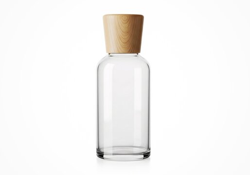 Glass bottle with wooden cap isolated on white background, clean commercial stock photo.