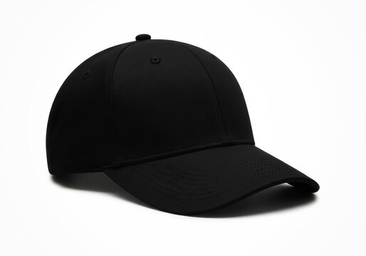 Black baseball cap isolated on white background, clean commercial stock photo.