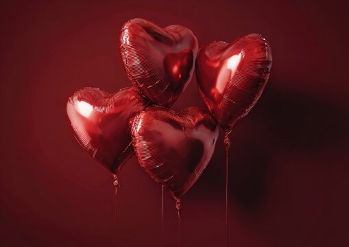 Four red heart-shaped balloons against a deep burgundy backdrop - Powered by Adobe