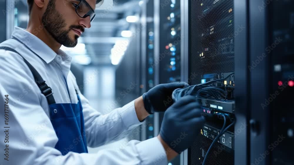 Poster technician adjusts server connections in sophisticated data center. modern equipment and organized s