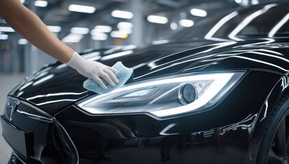 Close-up of a person polishing a black electric car