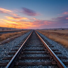 Serene Sunset Overrailroad Tracks Leading to Distant Horizon
