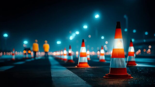 Night road work with cones and workers in background creating safe zone