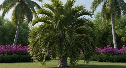 Lush Tropical Garden with Palm Trees and Vibrant Flowers.