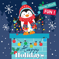 Festive Penguin on Chimney with Christmas Lights Happy Holidays!