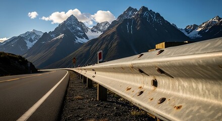 Mountain Road with Guardrail and Snow Capped Peaks.