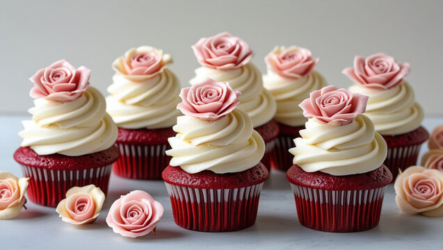 Red velvet cupcakes with rose frosting dessert cupcake bakery sweet treats vanilla cream delicious baked goods