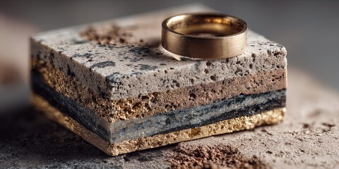 Cross-section of stratified travertine and brass sheets, geological core sample, brutalist jewelry design, warm grey and ochre