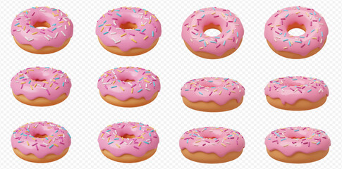 Twelve donuts with pink frosting and colorful sprinkles arranged in a grid on a transparent background.