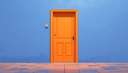 Orange door on blue wall