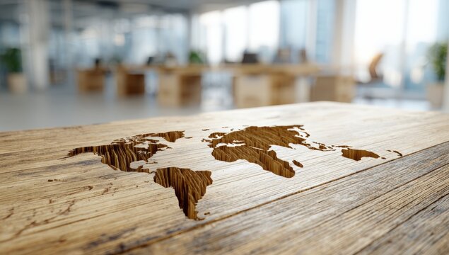 World map carved into a wooden table top in an office