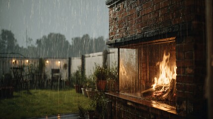 A cozy outdoor fireplace crackles during a rain shower creating a warm, inviting mood.