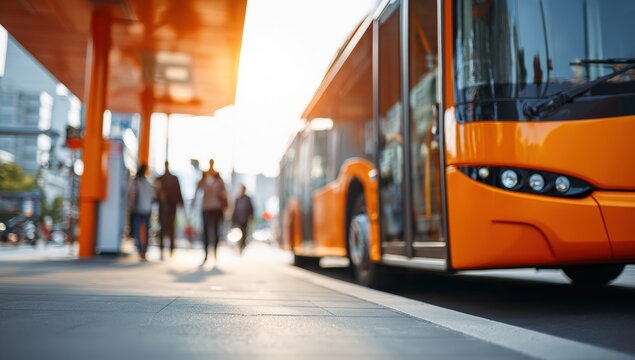City bus stop at sunrise. People walking