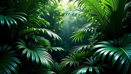 Lush Green Tropical Jungle Forest Canopy with Bright Sun Rays Filtering Through Palm Fronds