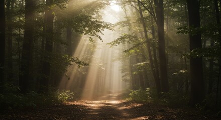 Fototapeta premium Sunbeams shining through a misty forest onto a tranquil path.