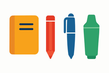 Stationery items arranged in a row for school or office use.