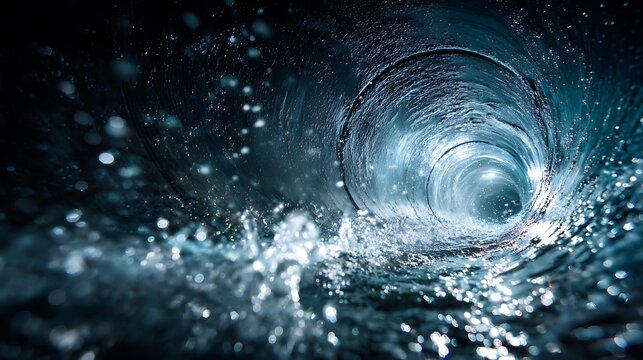 A mesmerizing view inside a water-filled pipe tunnel with droplets of water visible, capturing the dynamic flow and engineering marvel of modern plumbing.
