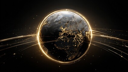 Earth globe, golden rings, digital art