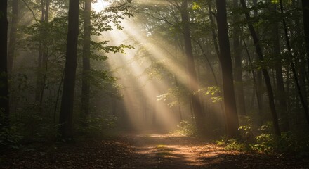 Fototapeta premium Magical sun rays filtering through trees in a dark, peaceful forest.