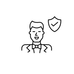 Groom, shield and checkmark. Protected ceremony, certified matrimonial standards, safe wedding arrangements. Pixel perfect, editable stroke vector icon