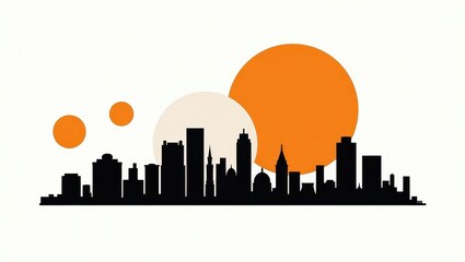 Naklejka premium Silhouette illustration of a city skyline at sunrise, featuring bold orange suns and a simple, graphic design.