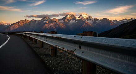 Scenic Mountain Road at Sunset with Guardrail in Foreground.
