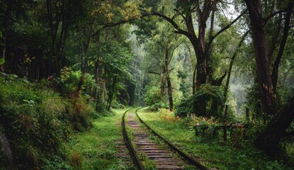 Obraz premium Winding train tracks through a lush forest