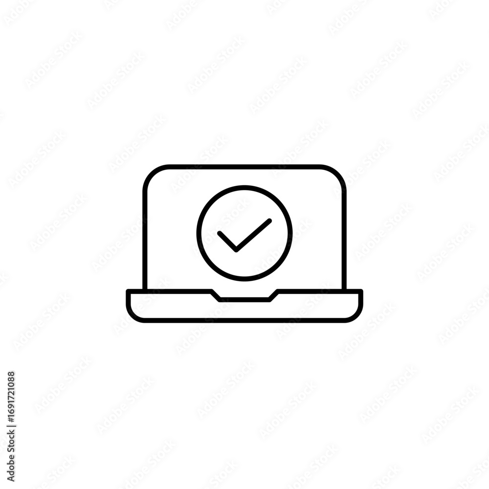 Poster laptop and checkmark. verified device, system updated. user account identification passed. pixel per