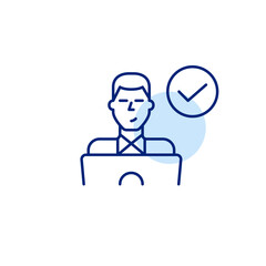 Account approved, task completed. Man, laptop and checkmark. Pixel perfect, editable stroke vector icon