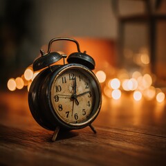 Vintage Alarm Clock on Wooden Surface with Warm Bokeh Background