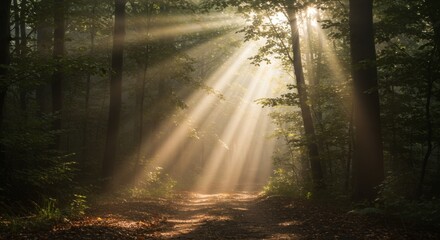 Golden sunbeams illuminating a pathway in a lush green forest.