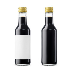 Two clear glass bottles of soy sauce or vinegar, one with a blank white label for mockup purposes,...