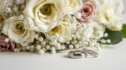 Obraz premium A beautiful arrangement of roses and delicate flowers surrounds two elegant wedding rings, symbolizing love and commitment.