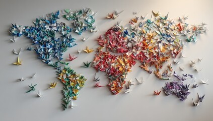 Colorful origami cranes form a world map