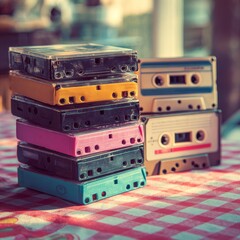 Vintage Cassette Tapes Stacked on a Red and White Checkered Tablecloth