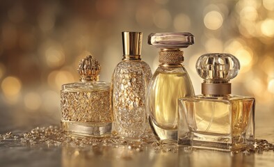 Luxurious perfume bottles, golden hues, bokeh
