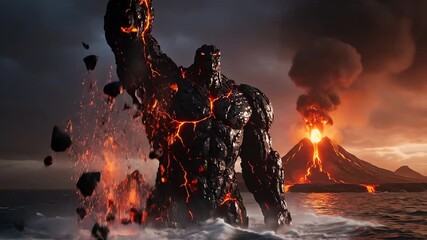 4k video footage of a powerful lava golem emerging from the ocean,  a cinematic shot showcasing fiery volcanic eruption in the background, dark and intense mood. - Powered by Adobe