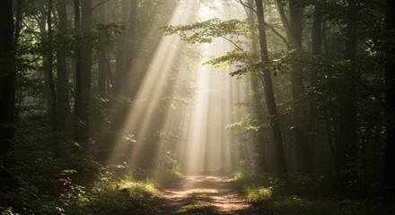 Obraz premium Morning sun rays breaking through the trees onto a forest trail.