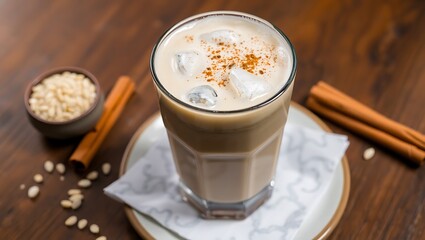 Iced horchata with cinnamon dust and rice grains visible, wood table