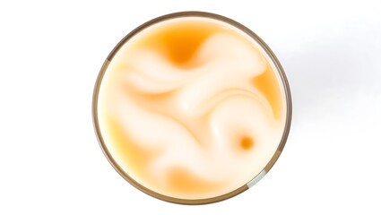 Iced Thai tea with creamy milk swirls in a clear cup, gradient orange color, with condensation, isolated on white
