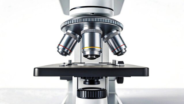Modern laboratory microscope close-up with metal lenses and adjustment knobs, scientific research and medical equipment concept

