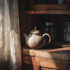 Vintage Teapot on Rustic Wooden Shelf with Soft Drapery Light