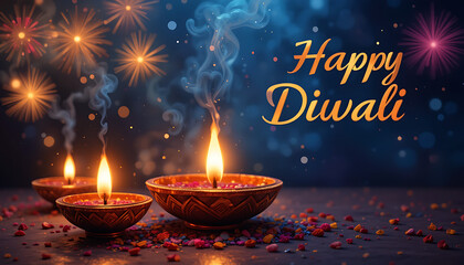 Two traditional oil lamps (diyas) lit on a decorative surface with bokeh, "Happy Diwali" text, 4K and HD image 