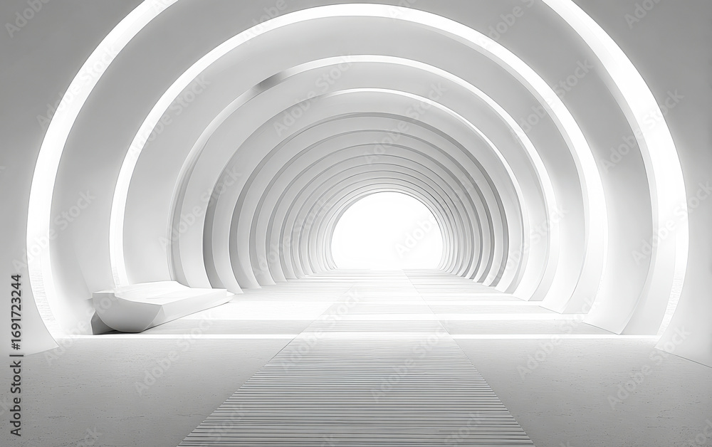 Poster modern abstract tunnel with smooth curved lines and bright light at the end