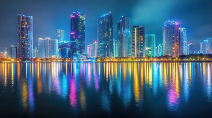 Fototapeta premium Night city skyline reflected in water; urban landscape at dusk; vibrant colors; photo for stock use
