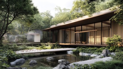 Fototapeta premium Serene Minimalist Japanese Garden House Design