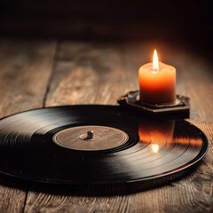 Vintage Vinyl Record with Candle on Rustic Wooden Table