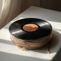 Vintage Vinyl Record with Natural Twine Wrapped for Rustic Charm